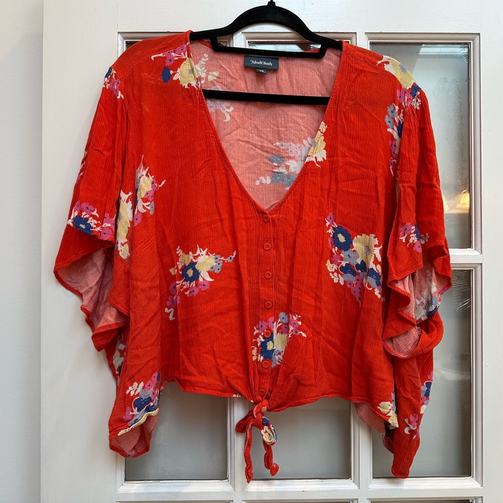 ModCloth Cropped Breezy Tendency Top Red Orange Floral Front Tie Plus Size 4X - Picture 3 of 15